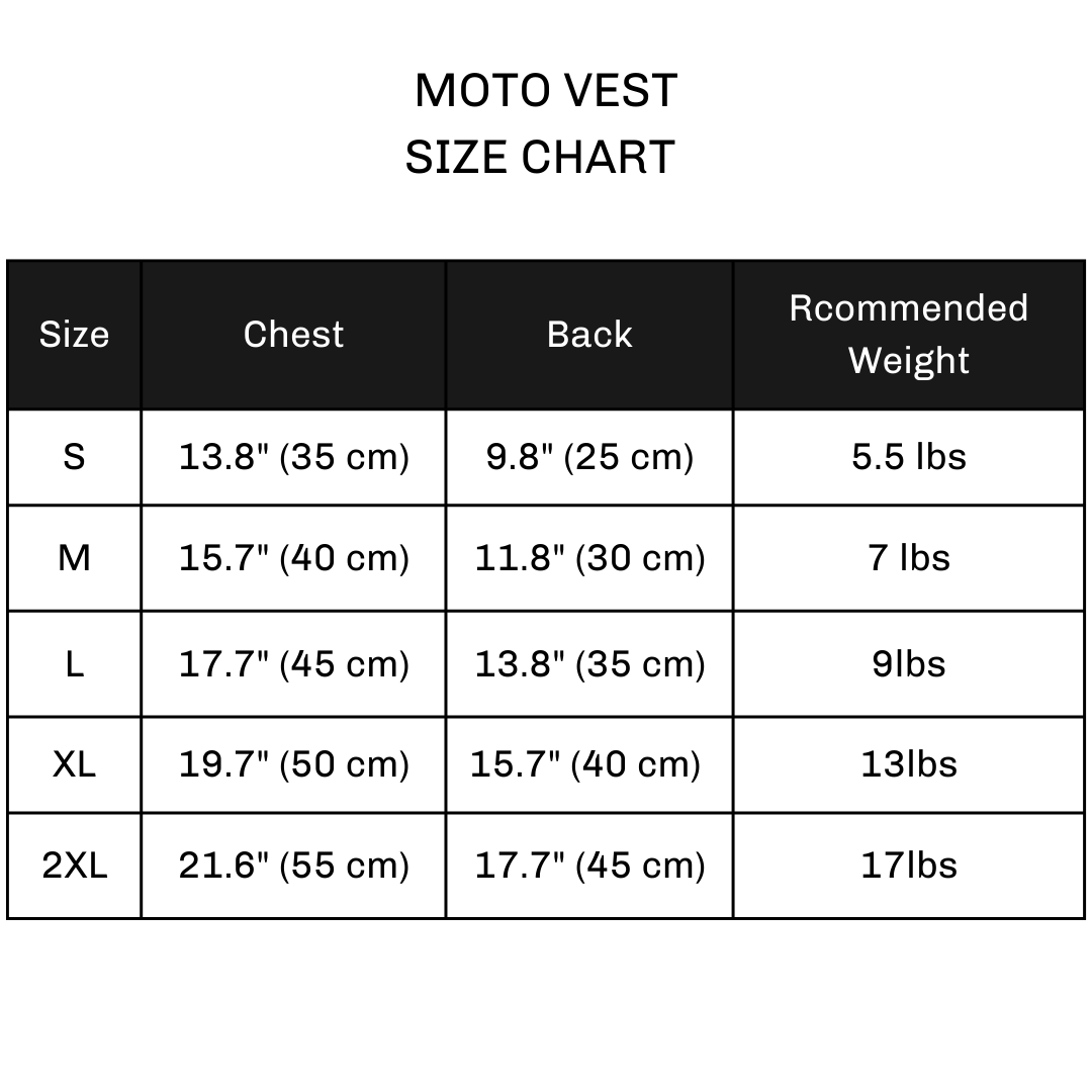 Moto Dog Vest SIzde Chart
