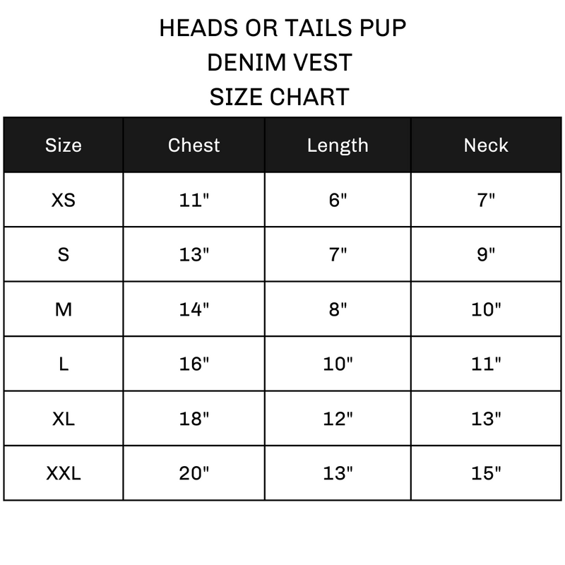Heads or Tails Pup Vest Size Chart