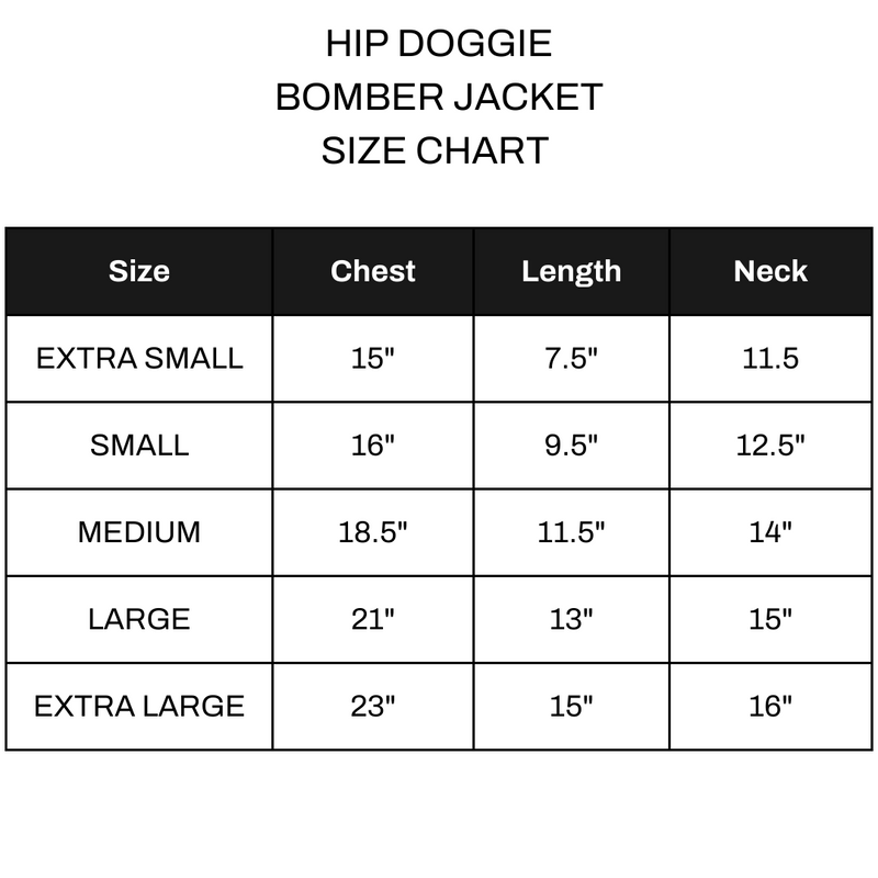 Hip Doggie Vintage Bomber Size Chart