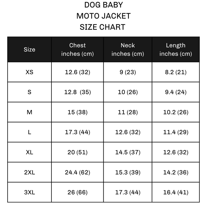 DOG BABY Moto Jacket size chart