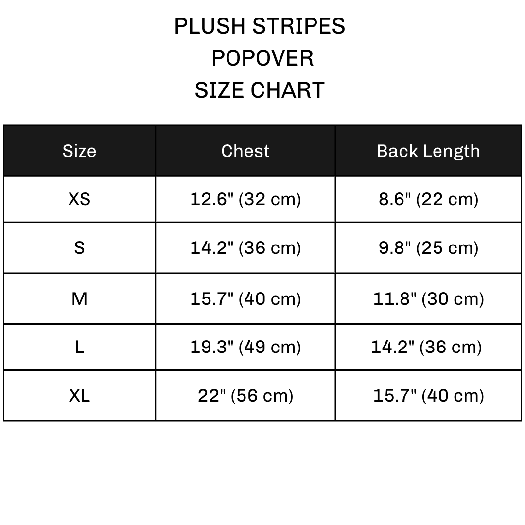 Plush stripes popover dog shirt size chart